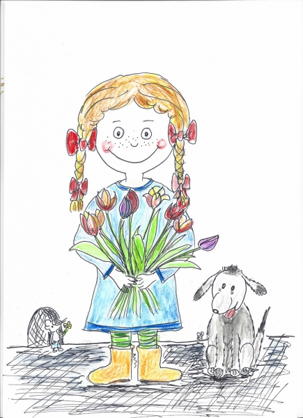 Blumenmädchen trägt Blumenstrauss, Illustration für Kinder, mit Buntstift, von Birgit Puck
