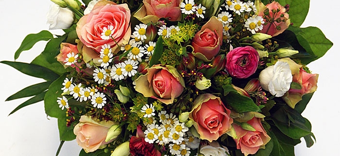 Blumenstrauß mit Rosen, Kamille, Ranunkel