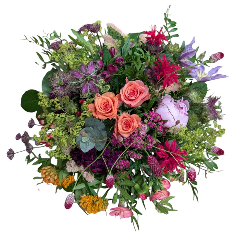 bunter Blumenmix mit sommerlichen Blumen, rund gebunden
